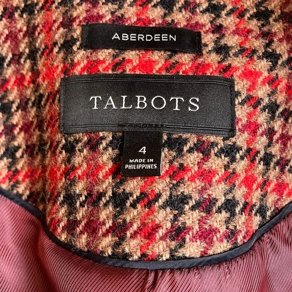Red Houndstooth Blazer Wool Blend Crest Buttons Fully Lined Size 4 Talbots - Picture 2 of 10